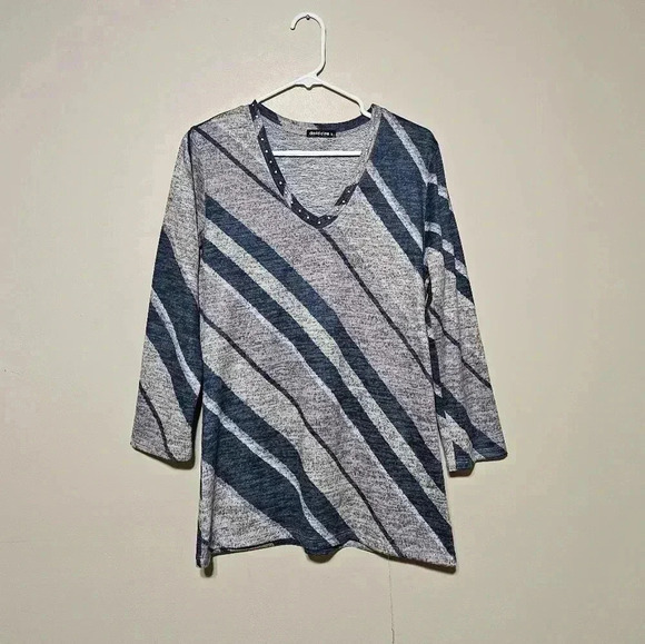 David Cline Womens Size Large Pullover 3/4 Sleeve Top #6210 Azure Stripe V-Neck - Picture 1 of 5
